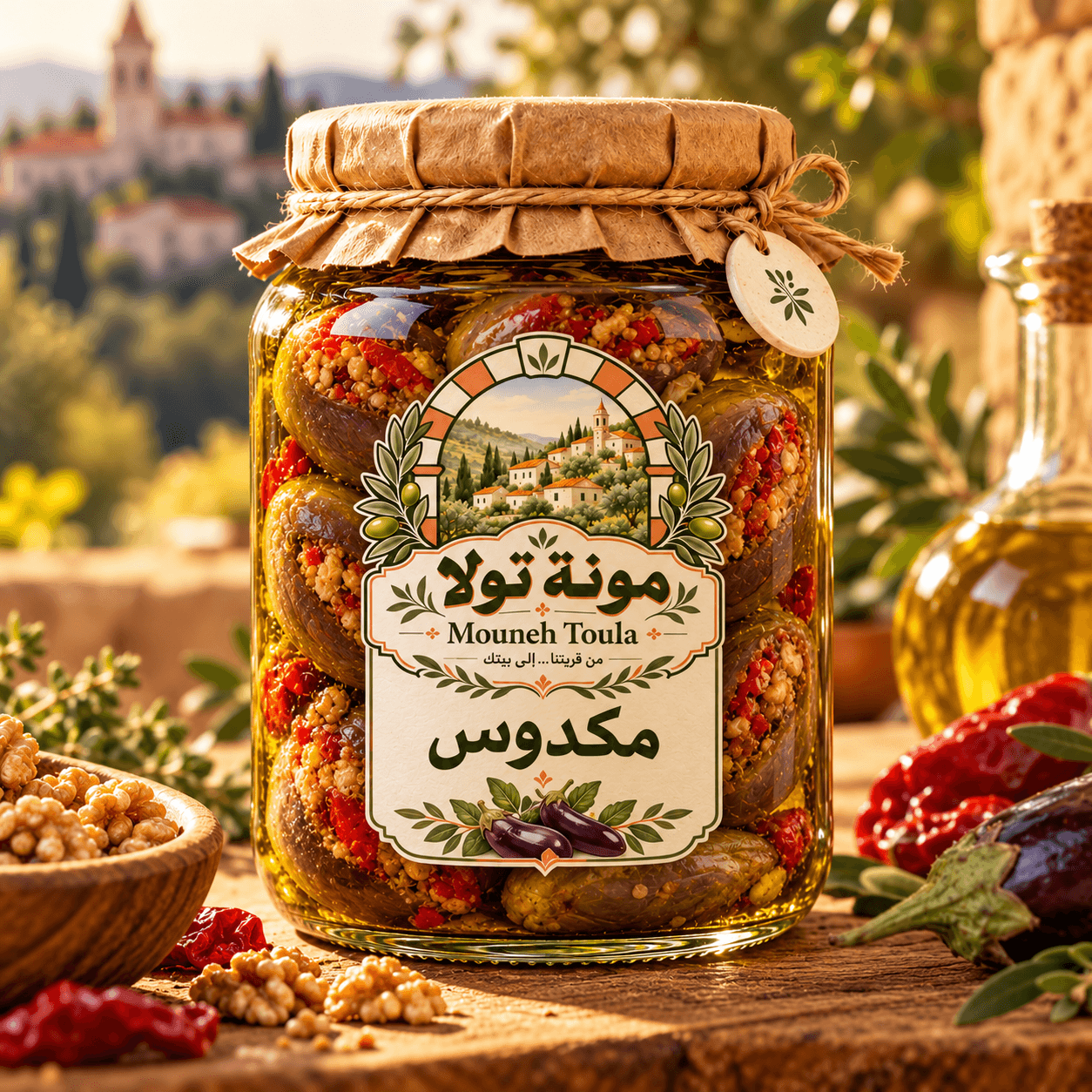 تصميم أولي لعبوة مكدوس من مونة تولا