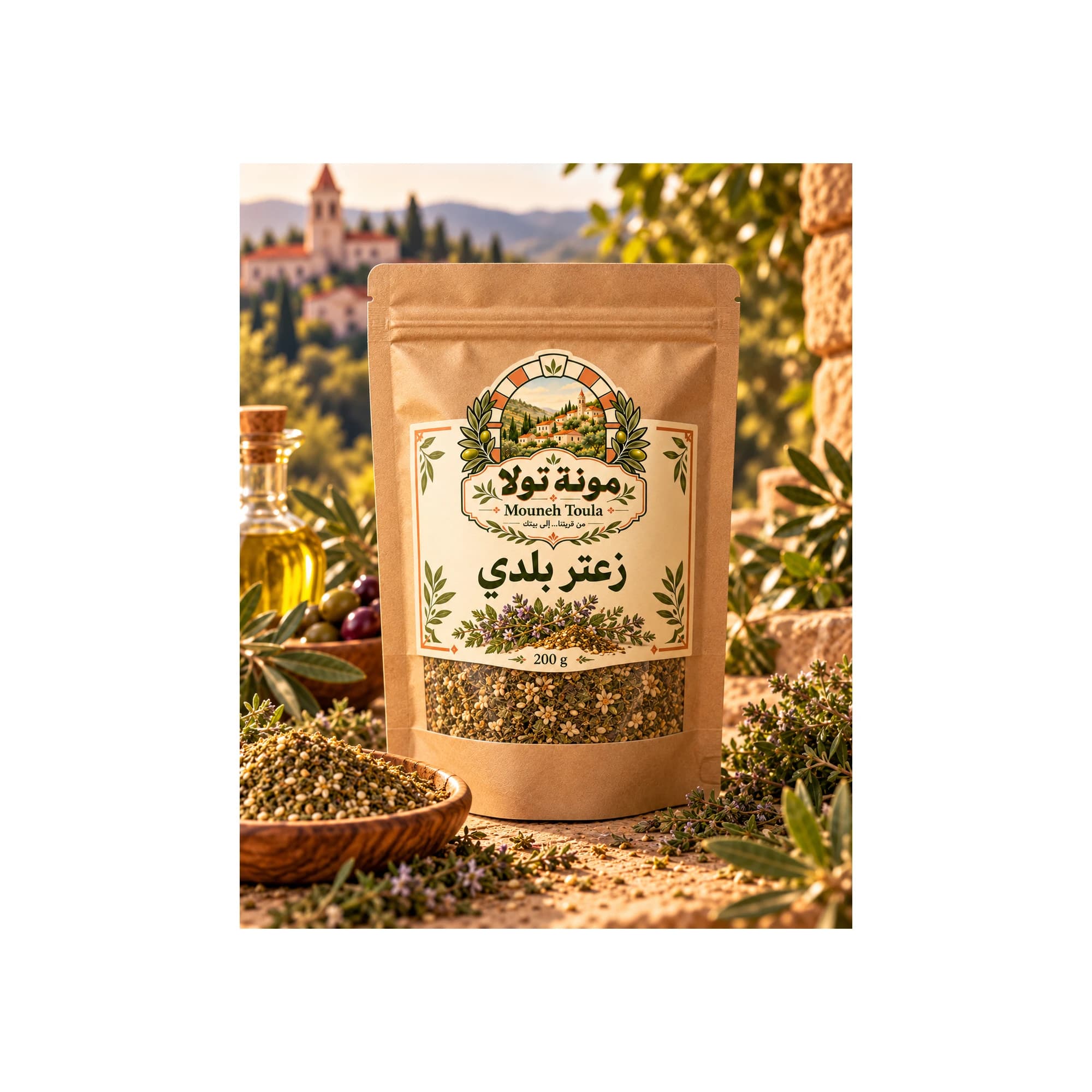 تصميم أولي لعبوة زعتر بلدي من مونة تولا