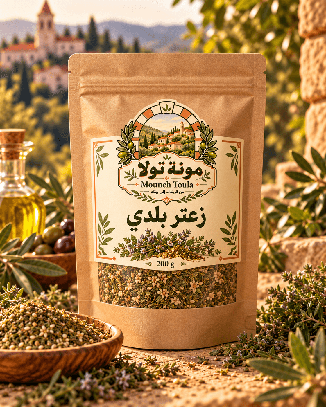 تصميم أولي لعبوة زعتر بلدي من مونة تولا