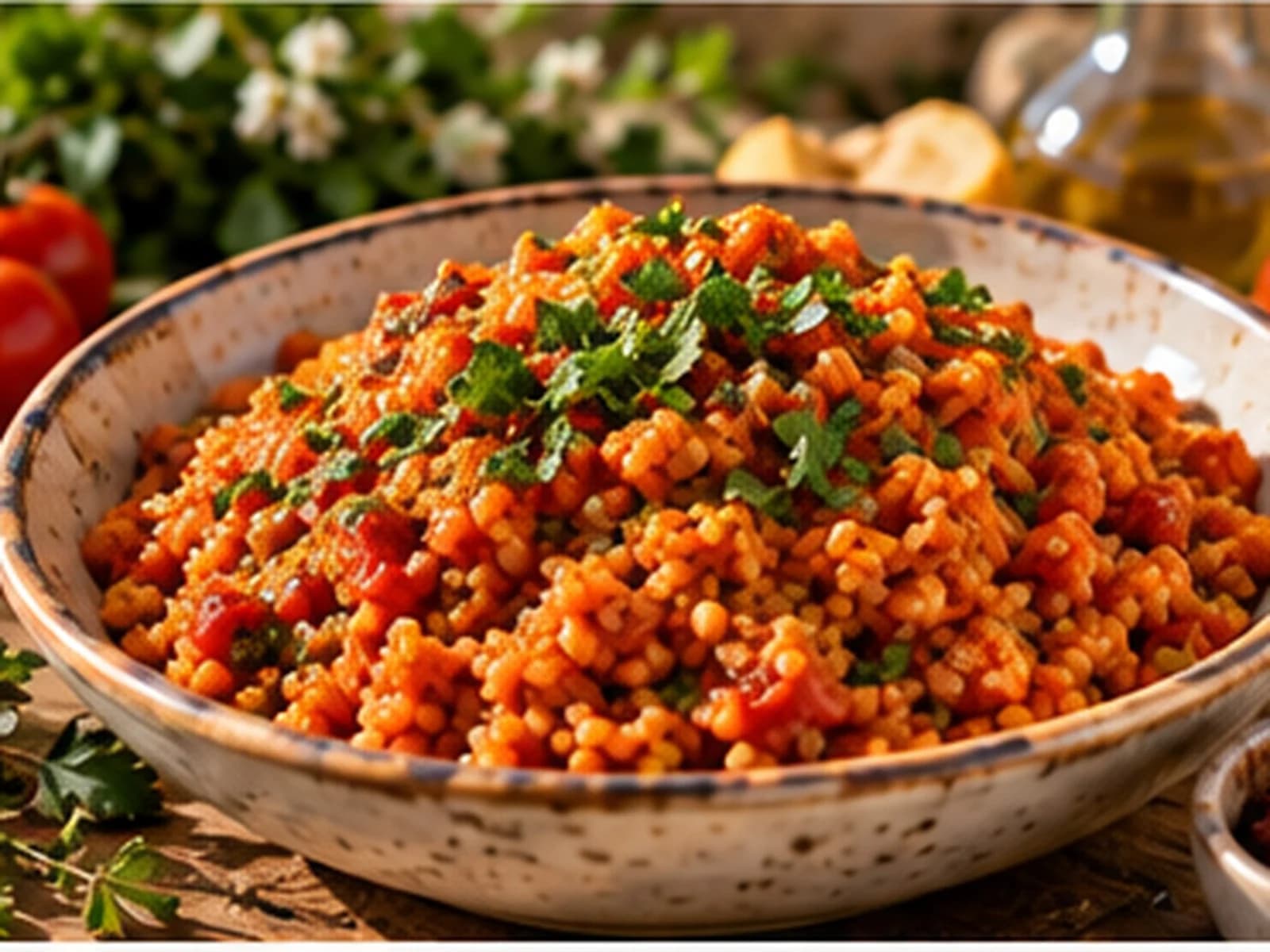 برغل بالبندورة ورب البندورة مقدّمة على سفرة لبنانية دافئة بطابع ريفي